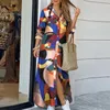 Casual Sukienki Kobiety Elegancki Drukuj Szczur Koszula Sukienka Lato Lapel Neck Maxi Boho Luźne Przycisk Długi Rękaw Plaża Vestidos