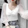 Chiffon Shirt Dames Zomer Koreaanse Blusas Chic Fold Square Collar Slim Blouses Polka Dot Gaas Patchwork Tops Femme 210519