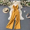 Vacation Style Jumpsuit Women's Knotted V-neck Waist Slimming Sexy Halter Suspenders Long Wide-leg Pants GK280 210506