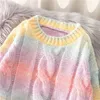 spring Autumn Women Rainbow Sweaters Tie Dye Pullover O-Neck Long Loose Striped Korean Jumpers Candy Color Oversized Female 210806