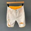 Högkvalitativ mode män färg khaki orange stretch denim shorts sommar tunn rippad biker jeans kort manlig bermuda varumärke kläder 210720