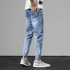 men's irregular cutting slim fit elastic waistband waist string jogger denim jeans long pants trousers Pantalones for men X0621