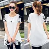 Plus maat 3xl chiffon blouse vrouwen kleding losse korte mouw borduurwerk bloem print patchwork witte tops grote shirts dames blouses