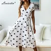 Leviortin Designer Polka Dot Dress Deep V-Neck Short Sleeve with Sashes Dresses Women Summer Maxi Dresses White/Red/Navy 210527