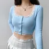 Rapcopter Lace Patchwork Crop Top Kvinnor T-shirts Stickade Slim Tee Toppar Knapp Cardigan Blue Cute Tshirt Höst Långärmad Toppar Y0629