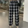 Houzhou harajuku Plaidbyxor Kvinnor Högt midja Koreansk stil Oversize Checkered Byxor för Kvinna Rak Casual Bunch Legs X0629