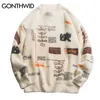 Gonthwid Graffiti Stickade Pullover Jumper Sweaters Streetwear Hip Hop Casual Långärmad Turtleneck Knitwear Tröja Män Toppar 210813