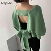 Sexy ahueca hacia fuera el suéter de punto con cordón suelto cárdigan de manga de murciélago Chic otoño elegante chaqueta de Color sólido mujeres 210422