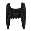 Vintage Long Sleeve Bandage Cross Lacing up Cropped Shirt Women French style Ladies Wood ears Dropped Slim Crop Top Sexy blouses 210429