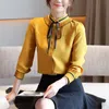 Autumn Stand Collar Loose Cardigan Tops Female Yellow Bow Chiffon Blouse Elegant Long Sleeve Women's Shirt 11548 210427