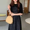 Korejpaa Women Sets Summer Korean Chic Ladies Retro Round Neck Puff Sleeve Thin T-Shirt Dark Pattern Flower Suspender Dress 210526