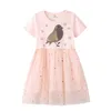 Jumping Meters Princess Party Tutu Dresses With Beading Bird Cute Baby Mesh Clothes Short Sleeve Kids Frocks Toddler Dress 210529
