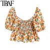 Women Sweet Fashion Fruit Print Cropped Blouses Vintage Puff Sleeves Back Elastic Female Shirts Blusas Chic Tops 210507