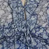 Blå utskriftsklänning för kvinnor V Neck Kortärmad Ruffle Lace Up Bowknot Midi Klänningar Kvinnlig Sommar Mode Stil 210520