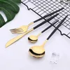 24 pcs Black Dinnerware Ocidental Set Aço Inoxidável Cutelaria Forquilha Faca Colher Talheres Talheres Silverware 210907