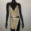 Casual jurken Akyzo Dames Sparkly Rhinestone Halter Metalen kettingjurk Nieuwe nachtclub goud zilver backless split heup 2 stuks set jurk 210323