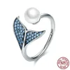 Solid 925 Sterling Silver Mermaid Rings for Teen Girls Europe American Shell Pearl Zirconia Open Adjustable Ladies Finger Ring