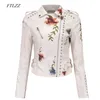 Veste en cuir PU pour femmes, broderie florale, col rabattu, fausse moto douce, noire, courte, punk, vêtements d'extérieur 210423