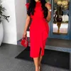 赤いペププラムドレスプラスサイズの女性ボディコンボウタイフリル半袖スプリットセクシーパーティーファッションイブニング祝うクラブウェアローブ210527