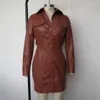 Brown PU Leather Mini Bodycon Sukienka Damska Długie Rękaw Przyciski Lapel Elegancka Backless Winter Sexy Party 210527