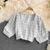 Élégant Casual Court Plaid Shirt Top Mujer Été Coréen Vintage Blusas Double Boutonnage Blouse À Manches Bouffantes Femmes 210514