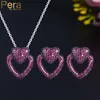 Earrings & Necklace Pera Romantic Double Love Heart Shape Fuchsia Cubic Zirconia Black Gold Jewelry Sets For Friend Gift J440