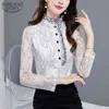 Jesień stand-collar koronki z długim rękawem Bluzki Woman All-Match White Slim Shirt Moda Zobacz przez OL Style 10766 210508