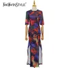 Vintage Tie Dye Dress For Women O Neck Short Sleeve High Waist Ruched Slim Side Split Midi Dresses Females 210520