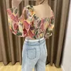 Fashion Tie Dye Corset Crop Top Women Retro Elastic Pleated Blouses Woman Long Sleeve Streetwear Ladies Tops Tunic 210430