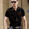 Luxury Gold Floral Embroidery Men Snörning Transparent See Through Sexy Mens Dress Shirts Party Socail Male Clubwear Shirt 3XL 210522