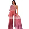 Causal Dusty Pink One Shoulder Jumpsuit Evening Dresses For Women 2022 Long Sleeve Sparkly Sequined Pant Suits Prom Dress Special Occasion Gowns Custom Made