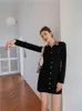Leopar Baskı Yaka Button Up Mini Elbise Kadınlar Uzun Kollu Siyah Örme Bayanlar Gömlek Kore Moda Giyim 210427