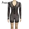 Fanadaes Neon Różowy Mesh Diament Playsuit Kobiety Długie Rękaw Romper Zobacz przez Sexy Club Party Bodycon Mini Kombinezon Drop 210520