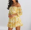 Manga Longa Floral Impressão Praia Estilo Vestido Mulheres Fora do Ombro Bohemian Summer Sundress Bonito Amarelo Mini Vestidos Feminino 210427