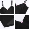 Sehen Sie durch Mesh gepatchte Y2K schwarze Camis Frauen Gothic Sommer ärmellose V-Ausschnitt Kawaii rosa Schleife Sexy Cami Top weiblich 210326