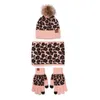 3pcs Women Winter Pompom Beanie Hat Scarf Touch Screen Gloves Set Warm Knit Leopard Print Skull Cap Plush Lined Warmer