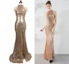 Split wysokiej szyi Fishtail Spódnica Szczupła Dopasowanie Wieczór Druhna Dress Rose Gold Cekiny Bankiet Model Junior Druhna Dresses