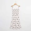 Retro Elegant Elastic Body Long Sling Dresses France Fresh Leaves Floral Print Vintage Women Summer Dress Holiday 210429