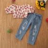 1-6Y Summer Toddler Kid Girl Clothing Set Floral Crop Top + Denim Byxor Outfits Kostymer Barnkläder 210515