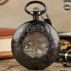 Retro Black Flower Pattern Case Glass Mechanical Pocket Watch Fashion Blue Skeleton Roman Number Dial Chain for Men Women