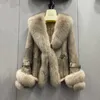 Manteau d'hiver en vraie fourrure de lapin véritable, vestes en cuir et en fourrure avec col en fourrure naturelle, vêtements d'extérieur surdimensionnés pour dames, 2023, 211019