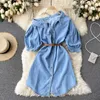 Summer Fashion Women Denim Dress One Shoulder Short Puff Sleeve Single Breasted A-line Casual Female Jeans with Belt 210603