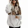 Casual Loose Plush Leopard Patchwork Hoodie Zipper Toppar Långärmad Drawtring Hooded Warm Sweatshirt med fickor Höst 211206
