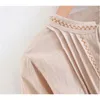 Ethnic Bow tie V neck pink Flower Embroidery Shirt Vintage Woman Stream Tassel Pleated Shoulder Long Sleeve Loose Blouse Tops 210429