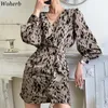 Mode col en v Robe femmes ceinturé imprimé léopard à volants Robe moulante femme été Sexy Mini Vestido De Mujer 210519