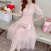 Neploe Dress Women Spring Plus Size Robe Slim V Neck A-line Vestidos Mujer Korean Puff Sleeve Lace Gauze Elegant Dresses 210422