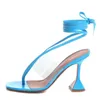 2021 Kvinnor damer äkta äkta läderspole högklackat sandaler nypa tå sommar cross-bundet spets-up casual transparent bröllop gladiator sexig blå stor storlek 34-44