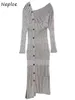 Asymmetrisches Kleid Frauen Chic Button Slim Fit Strickkleider A-Linie Weiche Femme Vestidos Herbst Einfarbig EINTEILIGES 210422