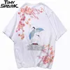 Mens Hip Hop T Shirts Pink Floral Crane Streetwear Tshirt Harajuku Summer Short Sleeve T-Shirt Cotton Tops Tees Black 210324