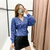 fashion women cross v neck floral print casual kimono blouse shirts women long sleeve chic lace up chemise blusa tops LS6264 210603